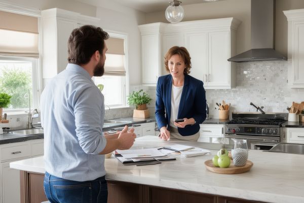 Professional kitchen consultation meeting with homeowner and designer discussing kitchen renovation plans
