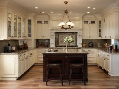 Traditional kitchen with raised panel cabinets and crown molding