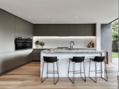 Modern minimalist kitchen with clean lines and handle-less cabinets