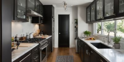 Galley kitchen with parallel countertops in narrow space
