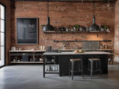 Industrial kitchen with exposed brick and metal fixtures