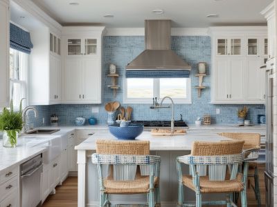 Coastal kitchen with blue and white color scheme and natural textures