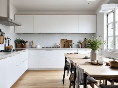 Scandinavian kitchen with white cabinets and natural light