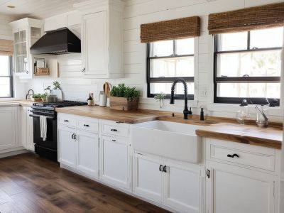 Modern farmhouse kitchen with shiplap walls and farmhouse sink