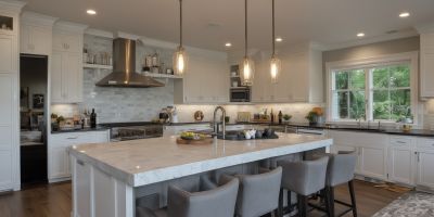 Open concept kitchen connected to living space with large island