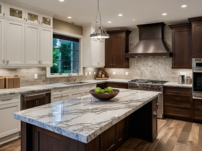 Modern kitchen interior with marble countertops and wooden cabinets designed by professional kitchen remodelers