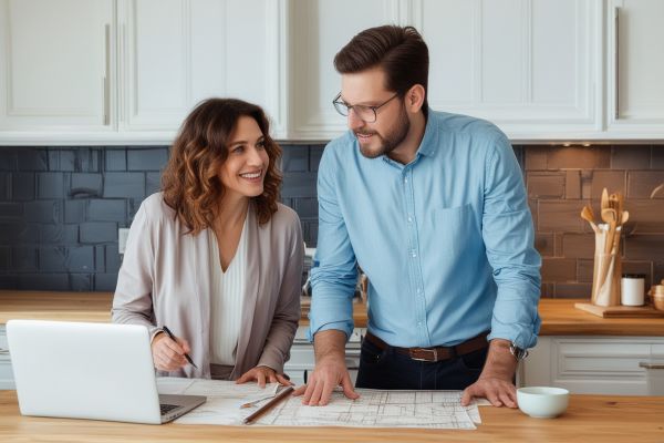 Professional kitchen designer consulting with homeowner about kitchen renovation plans