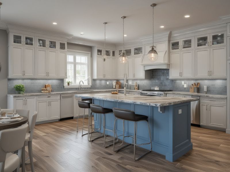 Professional kitchen designer creating detailed blueprints and 3D renderings for custom kitchen layout