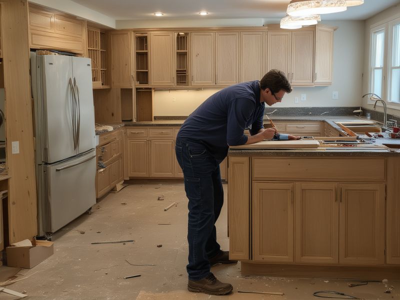 Professional kitchen remodeling process showing Larsco Enterprises team working on cabinet installation