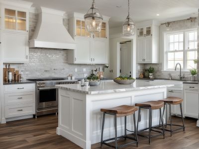 Modern farmhouse kitchen with quartz countertops and spacious island